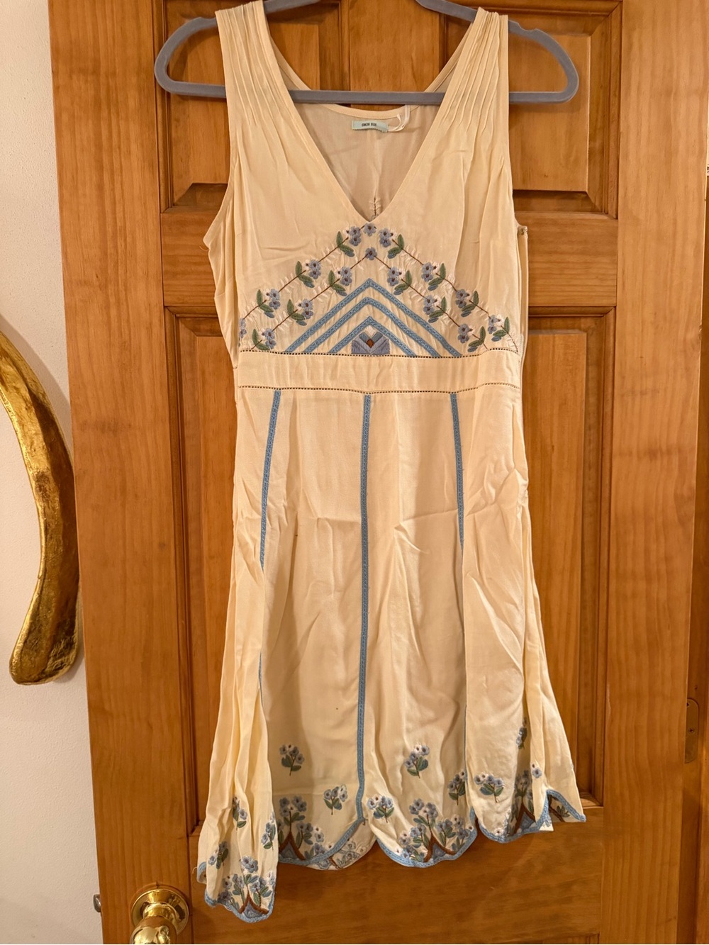 Kimchi Blue Cream Mini Dress with Blue Floral Embroidery
